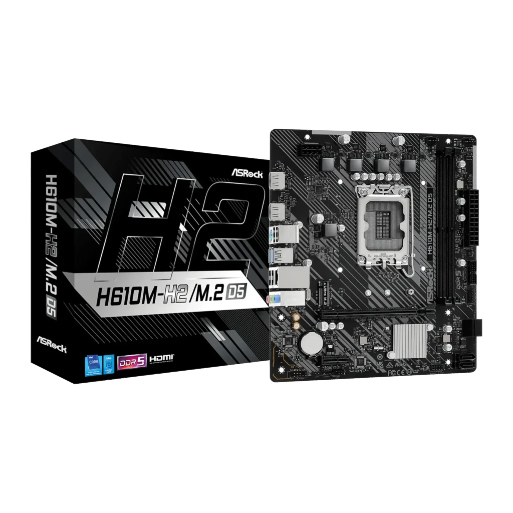 Carte mère ASRock D5 Intel H610 LGA1700 DDR5 Micro ATX Noir H610M-H2/M.2, vue de face avec boîte: carte et emballage