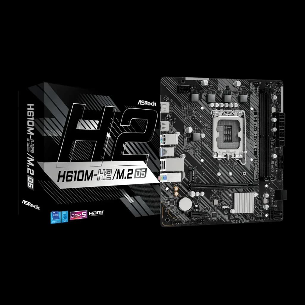 Carte mère ASRock D5 Intel H610 LGA1700 DDR5 Micro ATX Noir H610M-H2/M.2, vue de face avec boîte: carte et emballage