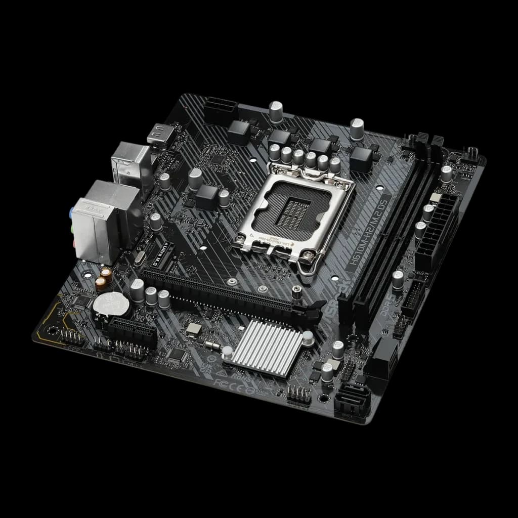 Carte mère ASRock D5 Intel H610 LGA1700 DDR5 Micro ATX Noir H610M-H2/M.2, vue en angle: socket LGA1700, slots DDR5