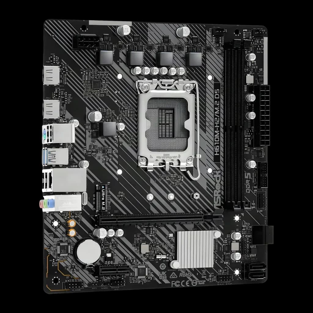 Carte mère ASRock D5 Intel H610 LGA1700 DDR5 Micro ATX Noir H610M-H2/M.2, vue en angle: socket LGA1700, slots DDR5