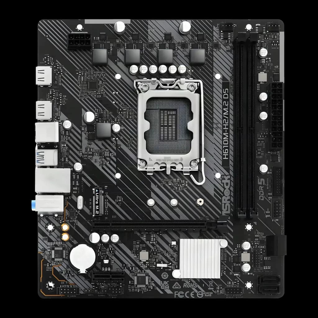 Carte mère ASRock D5 Intel H610 LGA1700 DDR5 Micro ATX Noir H610M-H2/M.2, vue dessus: socket LGA1700, slots DDR5 et slot