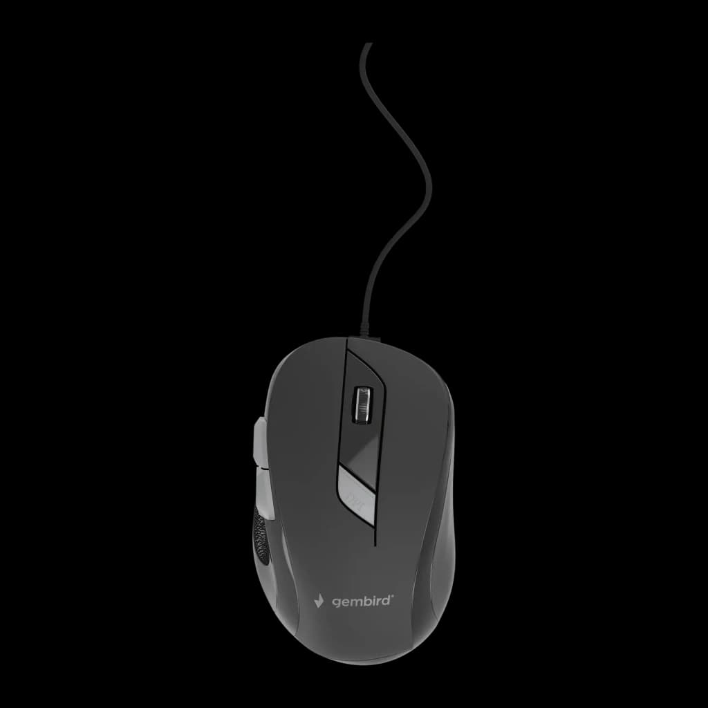 Rato Gembird Preto Com cabo USB tipo A MUS-6B-01, vista superior: roda, botões laterais e cabo USB visíveis