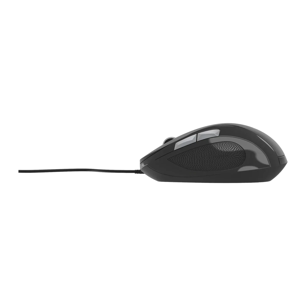 Souris Gembird Noir Filaire USB Type A MUS-6B-01, vue latérale: profil droit avec texture antidérapante et câble USB