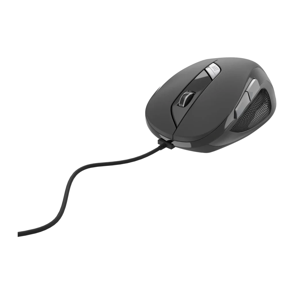 Souris Gembird Noir Filaire USB Type A MUS-6B-01, vue diagonale: molette, boutons latéraux texturés et câble noir visibles
