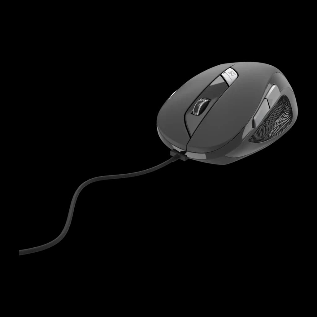 Rato Gembird Preto Com cabo USB tipo A MUS-6B-01, vista diagonal: roda de scroll, botões laterais texturizados e cabo preto