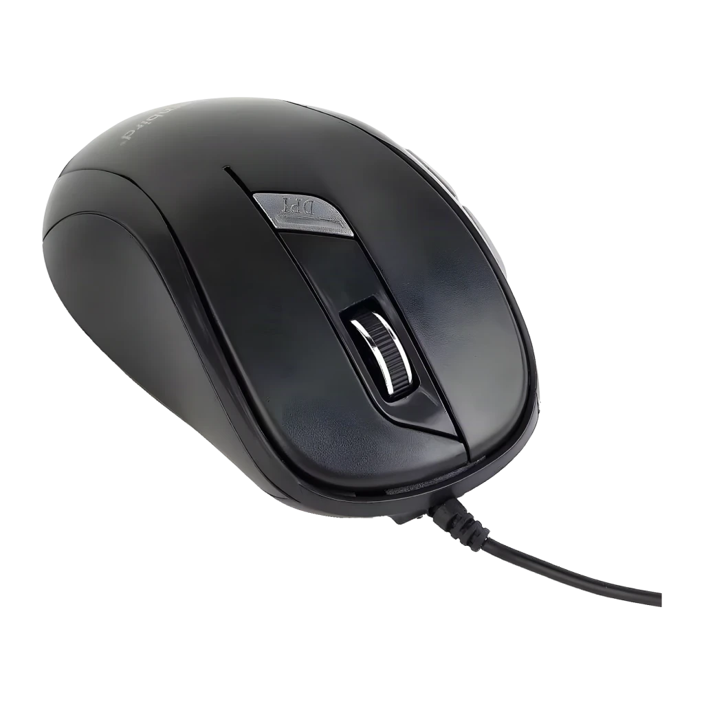 Souris Gembird Noir Filaire USB Type A MUS-6B-01, vue dessus en angle: bouton DPI, molette et câble visibles