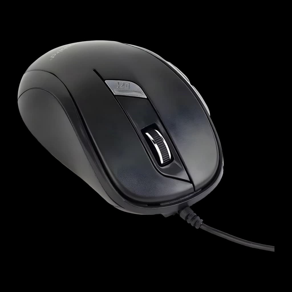 Rato Gembird Preto Com cabo USB tipo A MUS-6B-01, vista superior em ângulo: botão DPI, roda de scroll e cabo visíveis