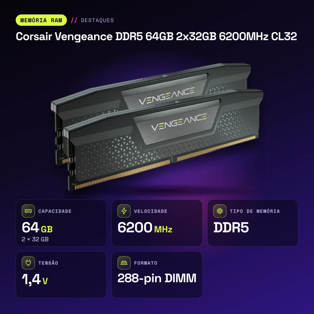 Mémoire RAM Corsair Vengeance DDR5 64Go 2x32Go 6200MHz CL32 Noir - caractéristiques