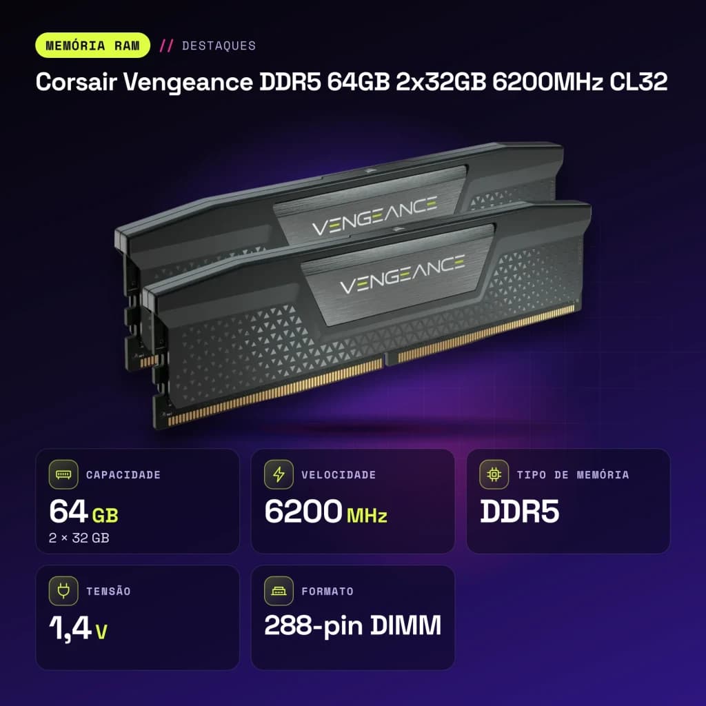 Mémoire RAM Corsair Vengeance DDR5 64Go 2x32Go 6200MHz CL32 Noir - caractéristiques