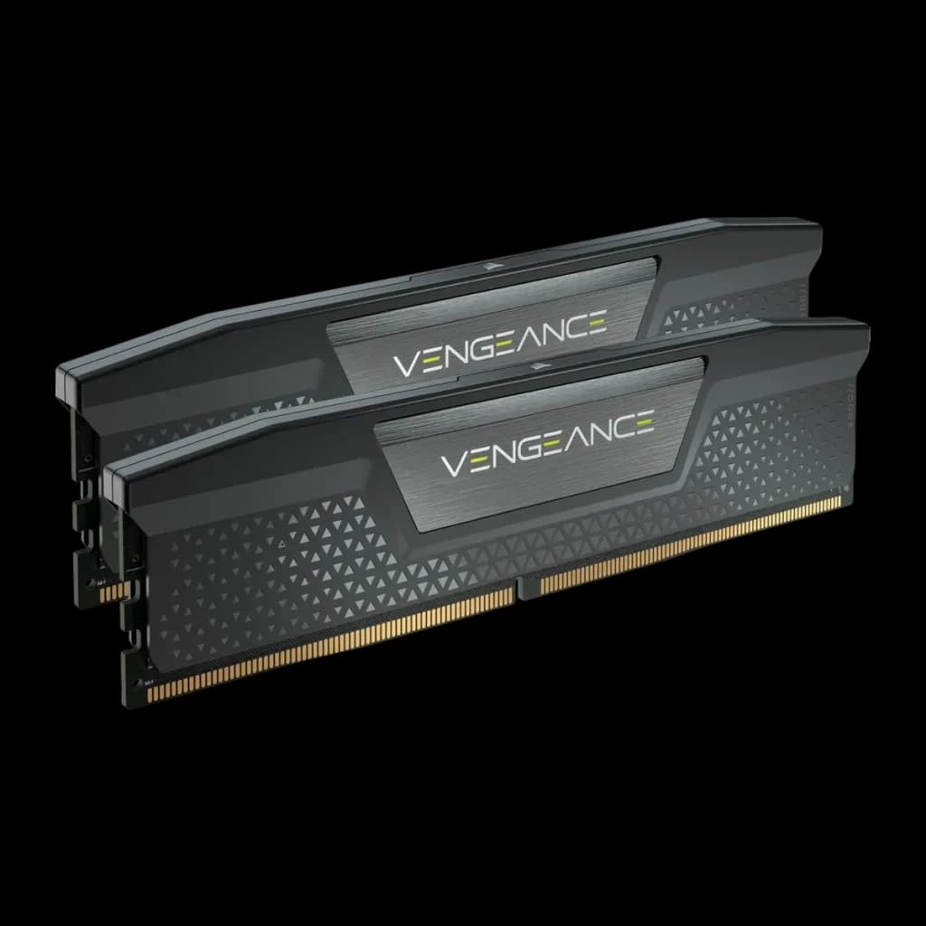 Mémoire RAM Corsair Vengeance DDR5 64Go 2x32Go 6200MHz CL32 Noir, vue de face en angle: deux modules empilés