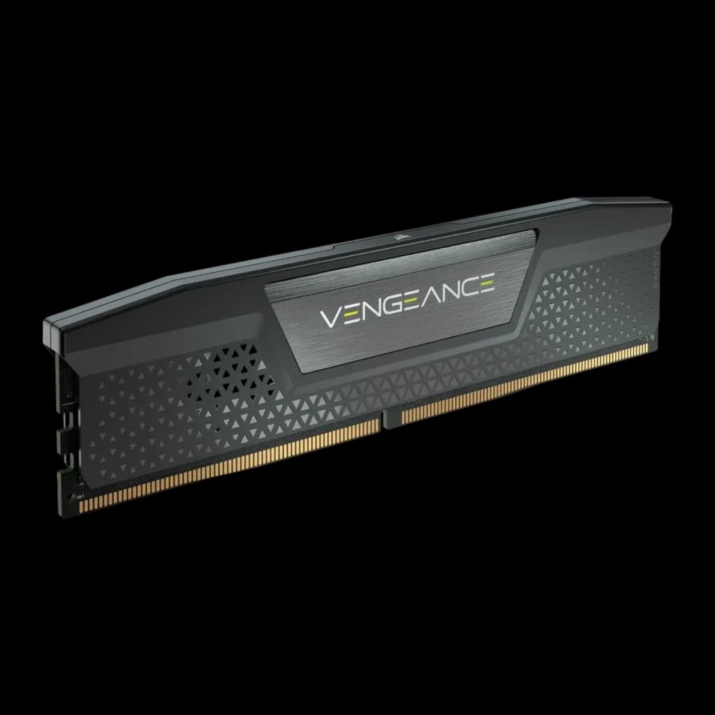 Mémoire RAM Corsair Vengeance DDR5 64Go 2x32Go 6200MHz CL32 Noir, vue en angle: dissipateur noir avec logo Vengeance