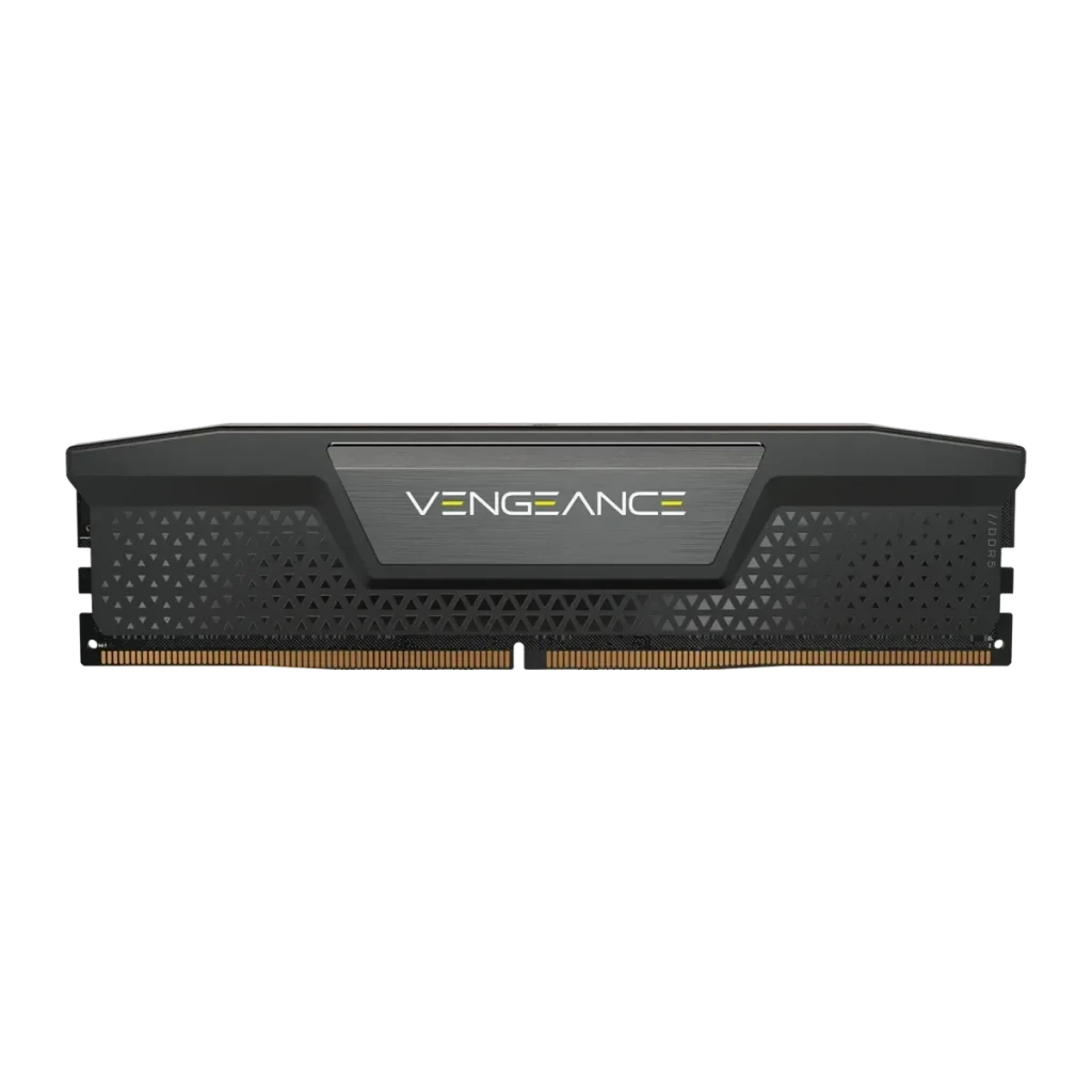 Mémoire RAM Corsair Vengeance DDR5 64Go 2x32Go 6200MHz CL32 Noir, vue de face: dissipateur noir avec logo Vengeance