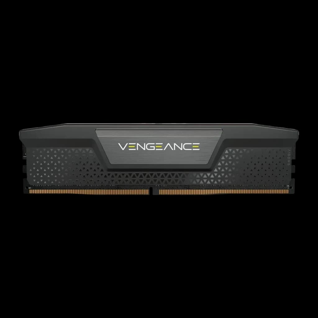 Mémoire RAM Corsair Vengeance DDR5 64Go 2x32Go 6200MHz CL32 Noir, vue de face: dissipateur noir avec logo Vengeance