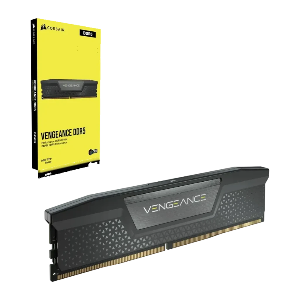 Mémoire RAM Corsair Vengeance DDR5 64Go 2x32Go 6200MHz CL32 Noir, module et boîte: dissipateur noir texturé avec logo