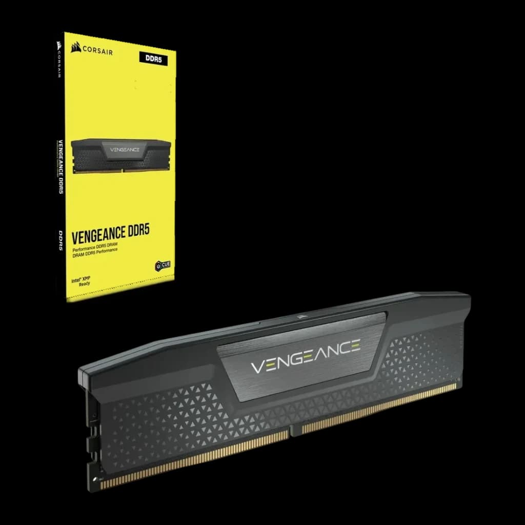 Mémoire RAM Corsair Vengeance DDR5 64Go 2x32Go 6200MHz CL32 Noir, module et boîte: dissipateur noir texturé avec logo