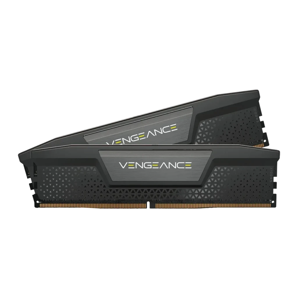 Mémoire RAM Corsair Vengeance DDR5 64Go 2x32Go 6200MHz CL32 Noir, vue latérale: deux modules empilés avec dissipateur