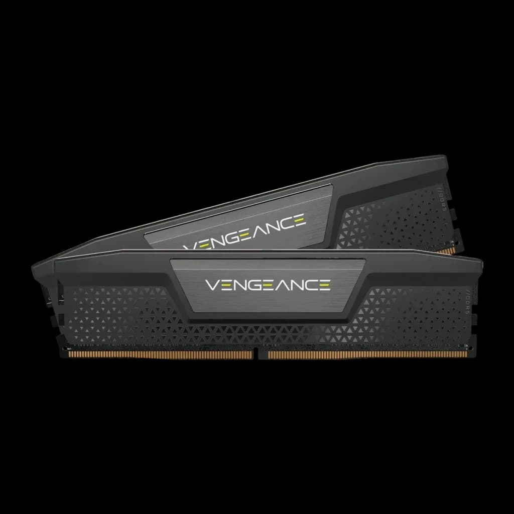 Mémoire RAM Corsair Vengeance DDR5 64Go 2x32Go 6200MHz CL32 Noir, vue latérale: deux modules empilés avec dissipateur