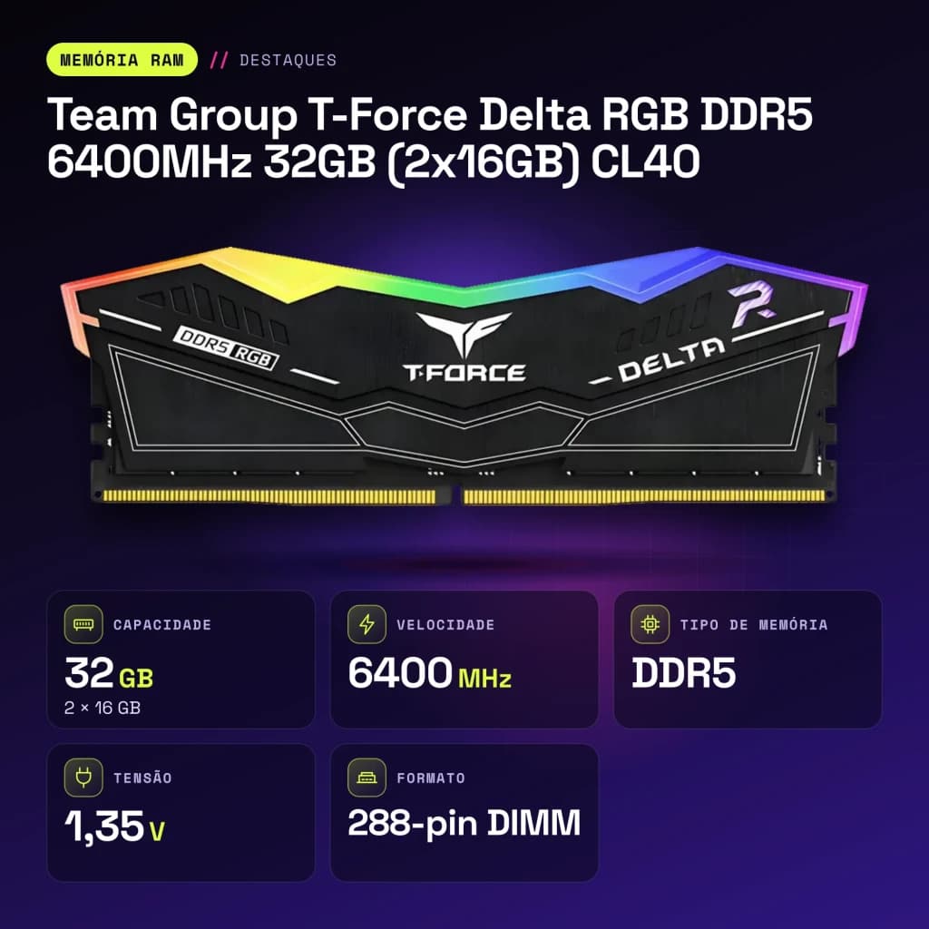 Memória RAM Team Group T-Force Delta RGB DDR5 6400MHz 32GB (2x16GB) CL40 Preto - características