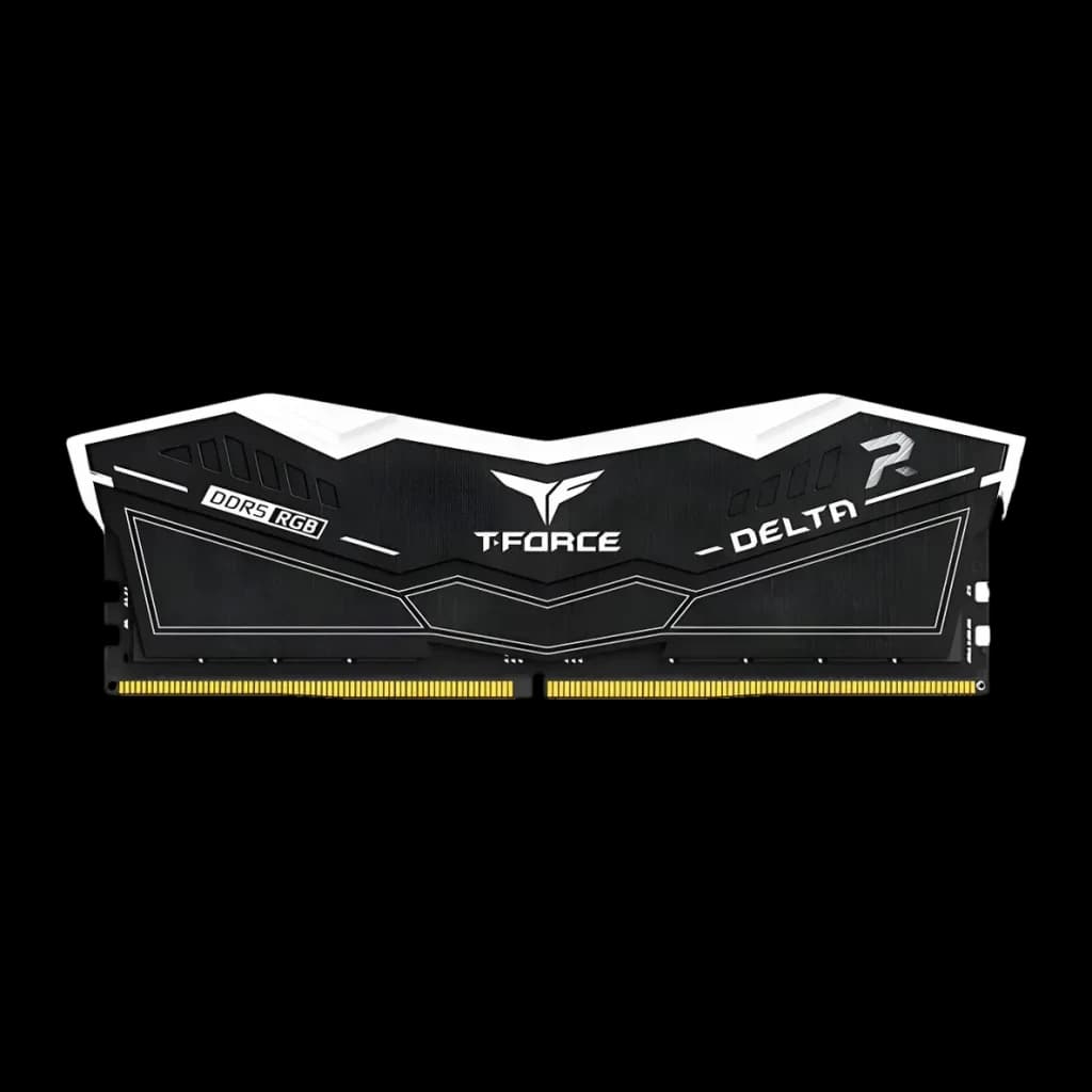 Memória RAM Team Group T-Force Delta RGB DDR5 6400MHz 32GB (2x16GB) CL40 Preto, vista frontal: módulo com dissipador preto