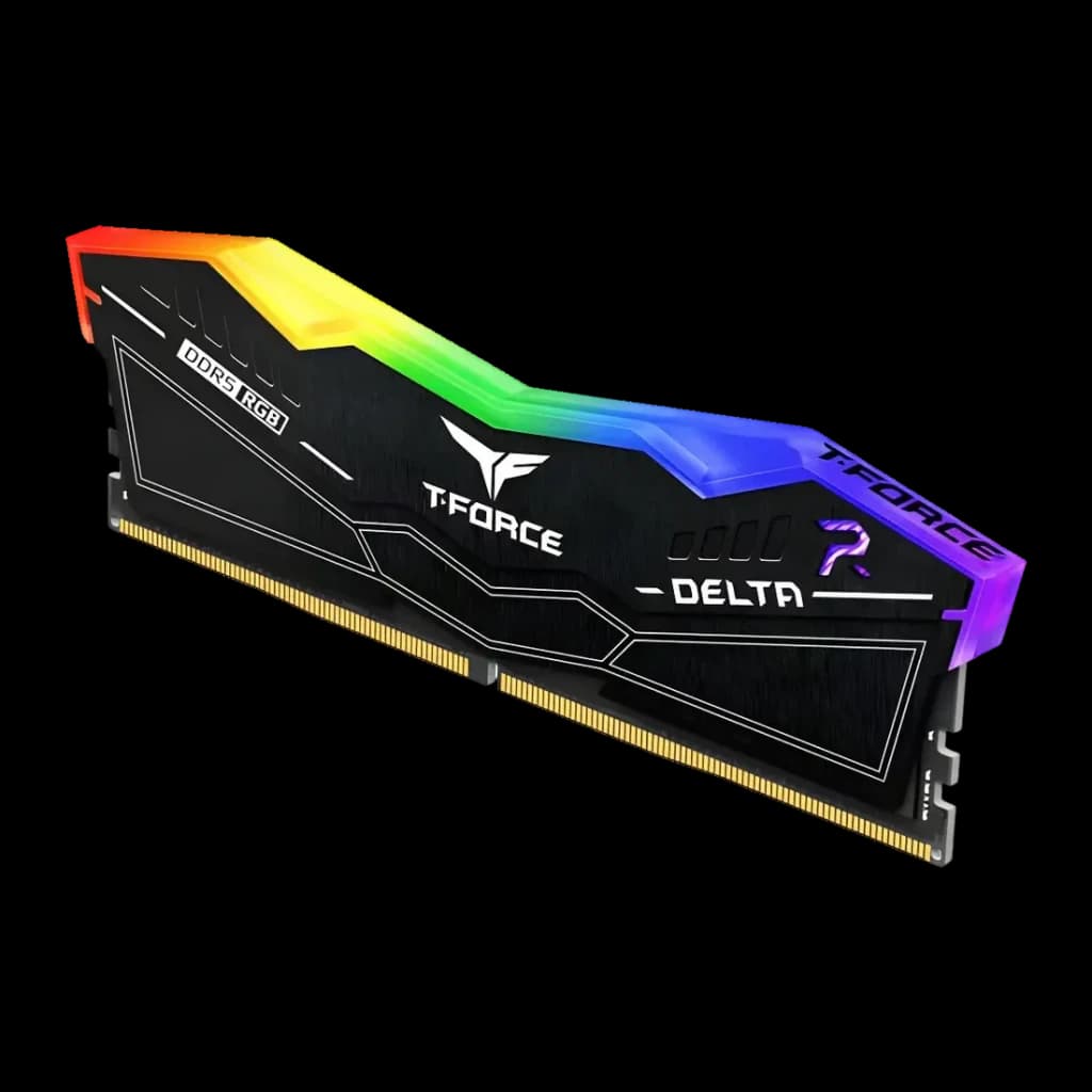 Memória RAM Team Group T-Force Delta RGB DDR5 6400MHz 32GB (2x16GB) CL40 Preto, vista em ângulo: difusor RGB iluminado