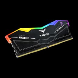 Memória RAM Team Group T-Force Delta RGB DDR5 6400MHz 32GB (2x16GB) CL40 Preto, vista em ângulo: dois módulos sobrepostos