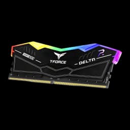 Memória RAM Team Group T-Force Delta RGB DDR5 6400MHz 32GB (2x16GB) CL40 Preto, vista em ângulo: dois módulos empilhados