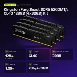 Kingston Fury Beast DDR5 5200MT/s CL40 128Go (4x32Go) Kit Noir - caractéristiques