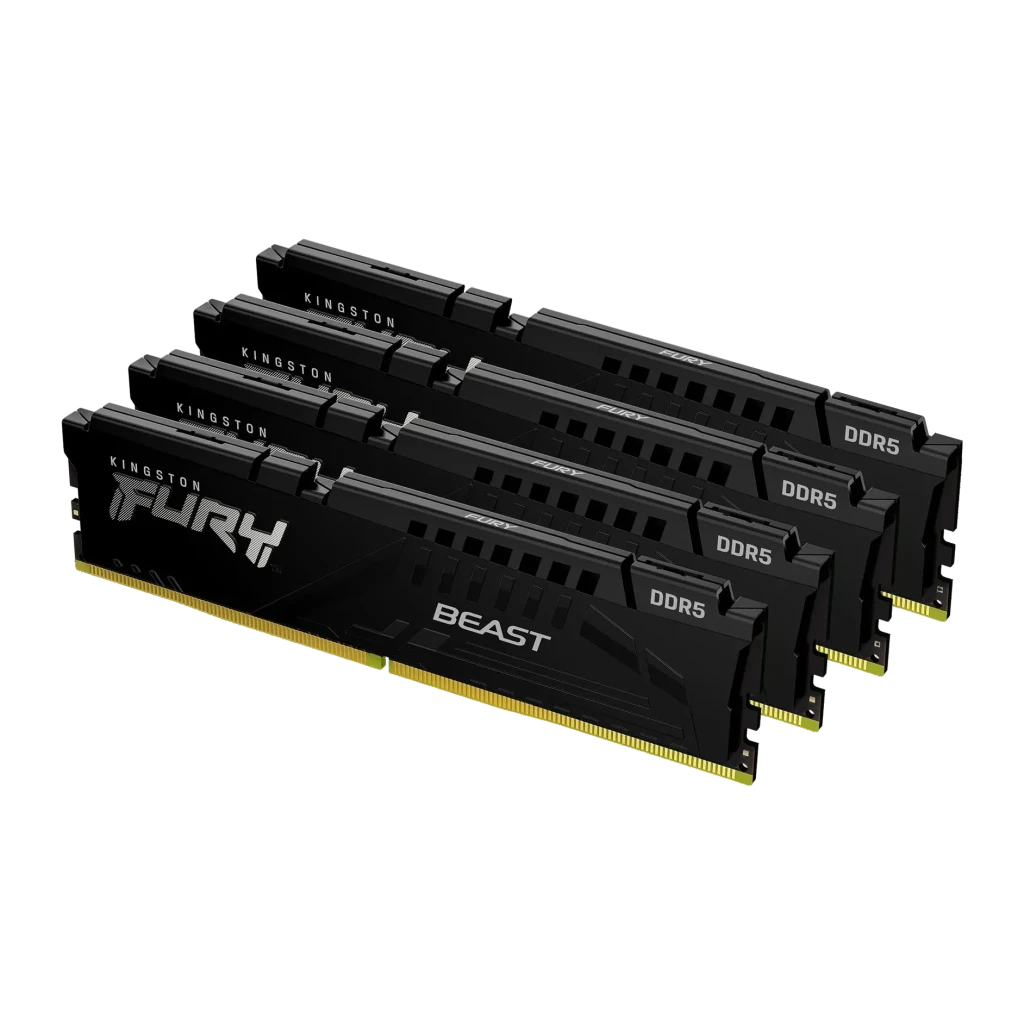 Kingston Fury Beast DDR5 5200MT/s CL40 128Go (4x32Go) Kit Noir, vue de face en angle: 4 modules empilés avec dissipateur