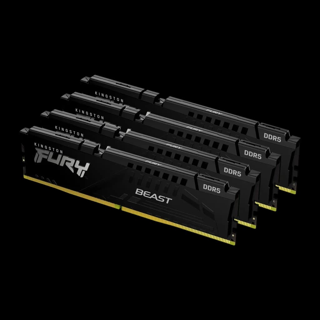 Kingston Fury Beast DDR5 5200MT/s CL40 128Go (4x32Go) Kit Noir, vue de face en angle: 4 modules empilés avec dissipateur