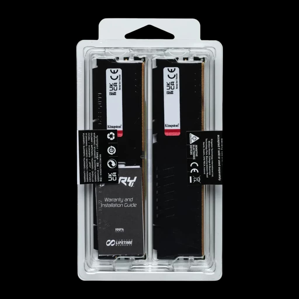 Kingston Fury Beast DDR5 5200MT/s CL40 128Go (4x32Go) Kit Noir, verso du blister: 2 modules avec étiquettes de garantie