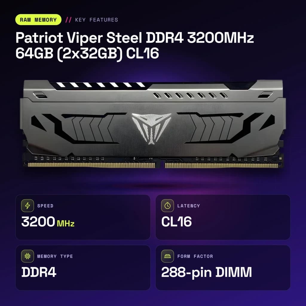 Memoria RAM Patriot Viper Steel DDR4 3200MHz 64GB (2x32GB) CL16 Gris - características