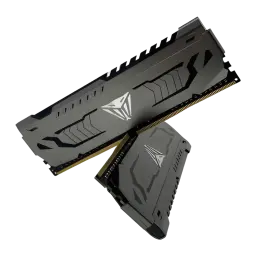 Memoria RAM Patriot Viper Steel DDR4 3200MHz 64GB (2x32GB) CL16 Gris, vista angular: dos módulos cruzados con disipador gris