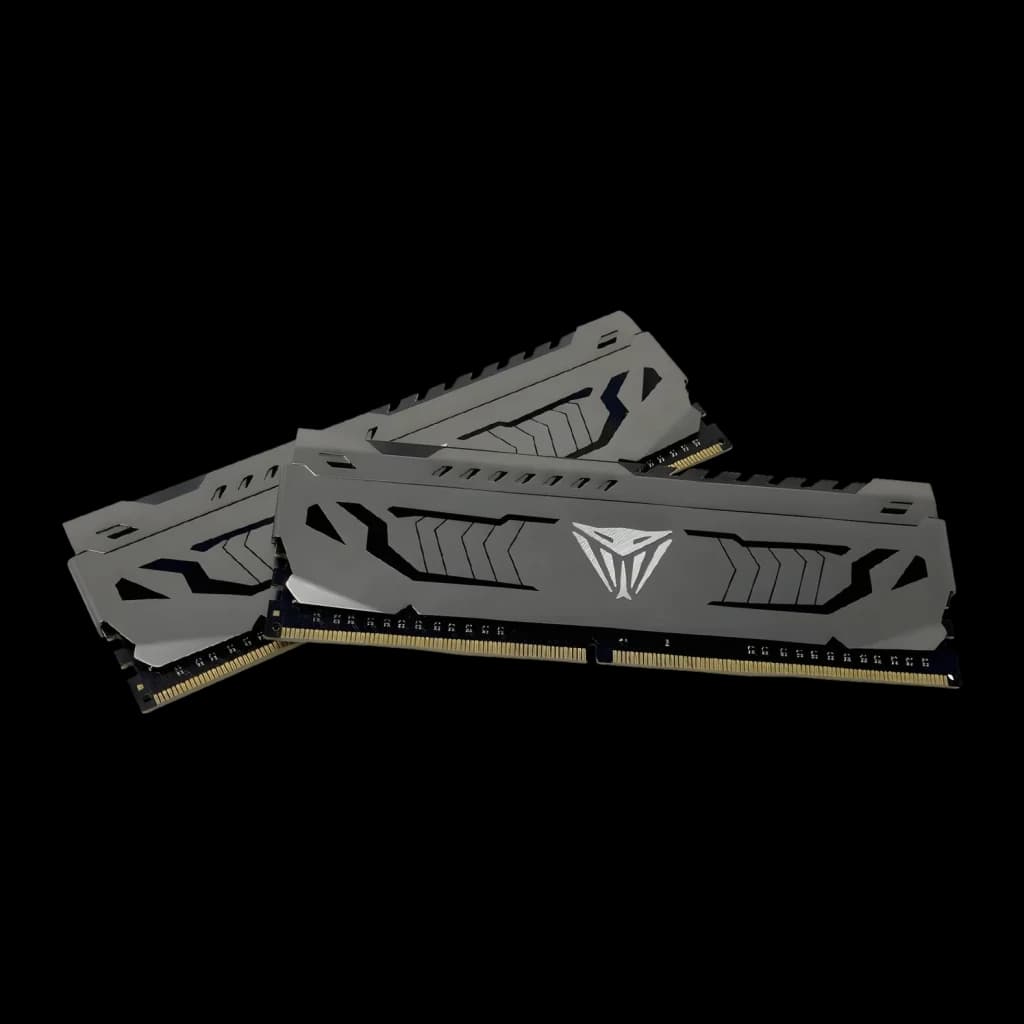 Memoria RAM Patriot Viper Steel DDR4 3200MHz 64GB (2x32GB) CL16 Gris, vista en ángulo: dos módulos cruzados con disipador
