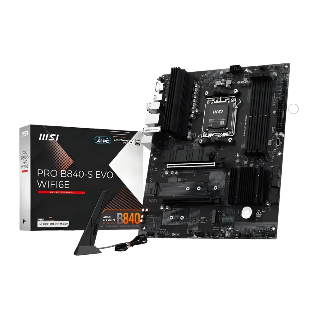 Carte mère MSI PRO B840-S EVO WiFi 6E AMD AM5 DDR5 ATX Noir, vue principale: carte et boîte, socket AM5, dissipateurs VRM