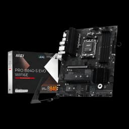 Carte mère MSI PRO B840-S EVO WiFi 6E AMD AM5 DDR5 ATX Noir, vue principale: carte et boîte, socket AM5, dissipateurs VRM