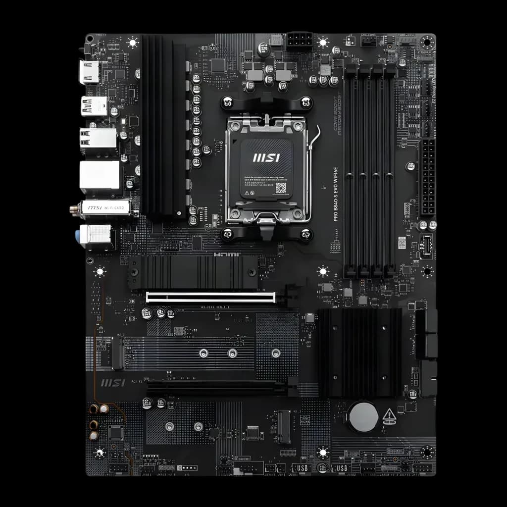 Carte mère MSI PRO B840-S EVO WiFi 6E AMD AM5 DDR5 ATX Noir, vue de dessus: socket AM5, dissipateurs VRM, slots DDR5 et PCIe