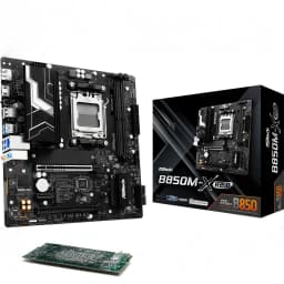 Placa base ASRock B850M-X R2.0 AMD B850 AM5 DDR5 Micro ATX 2.5GbE Negro, en uso: placa en ángulo con caja y tarjeta M.2