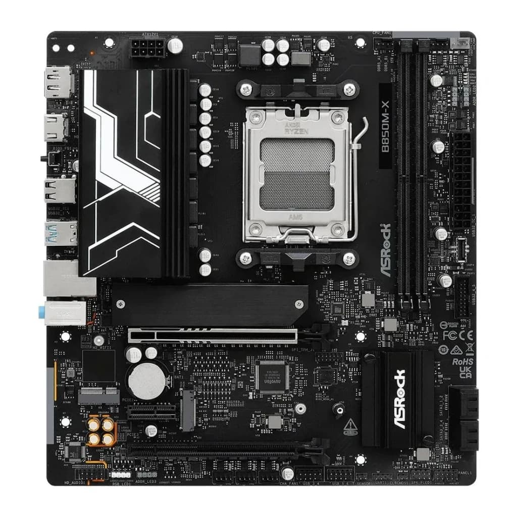 Placa base ASRock B850M-X R2.0 AMD B850 AM5 DDR5 Micro ATX 2.5GbE Negro, en uso: vista cenital con socket AM5, disipadores