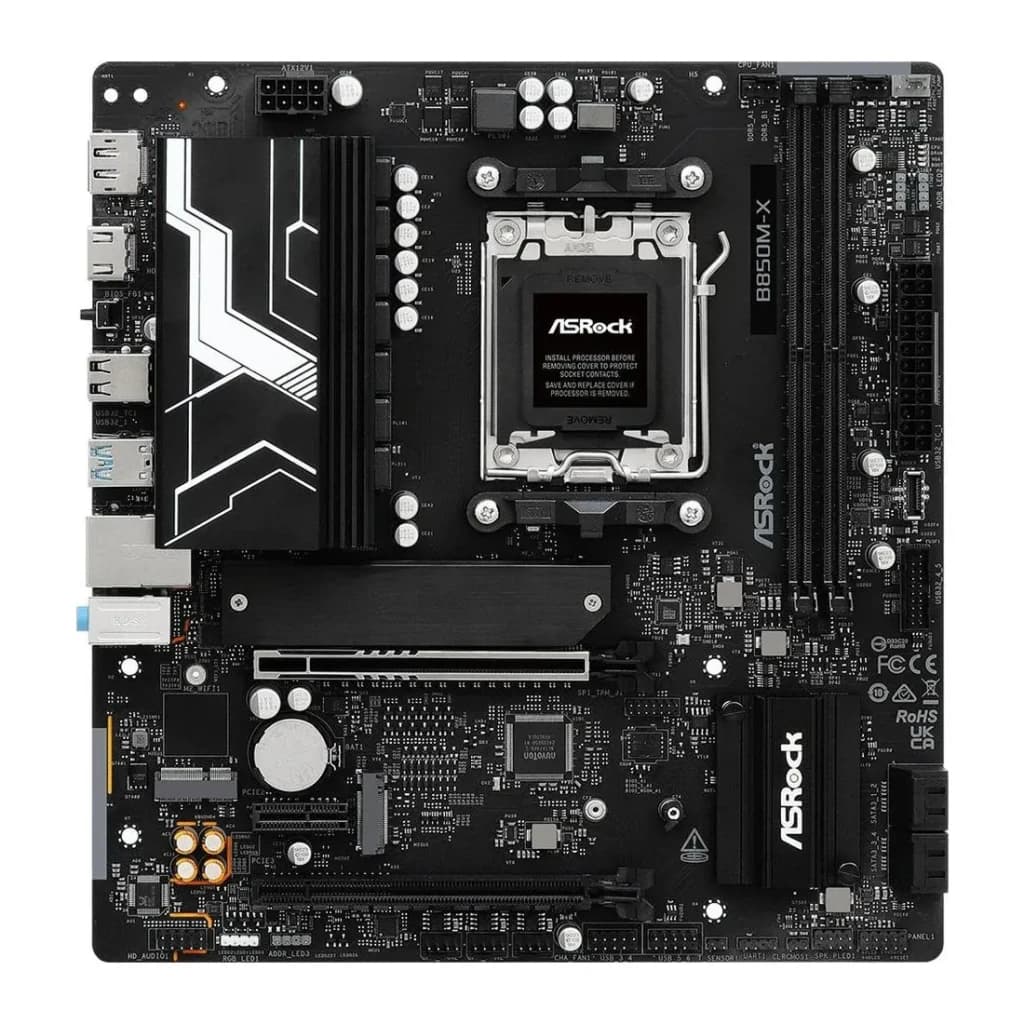 Placa base ASRock B850M-X R2.0 AMD B850 AM5 DDR5 Micro ATX 2.5GbE Negro, en uso: vista frontal completa con socket AM5