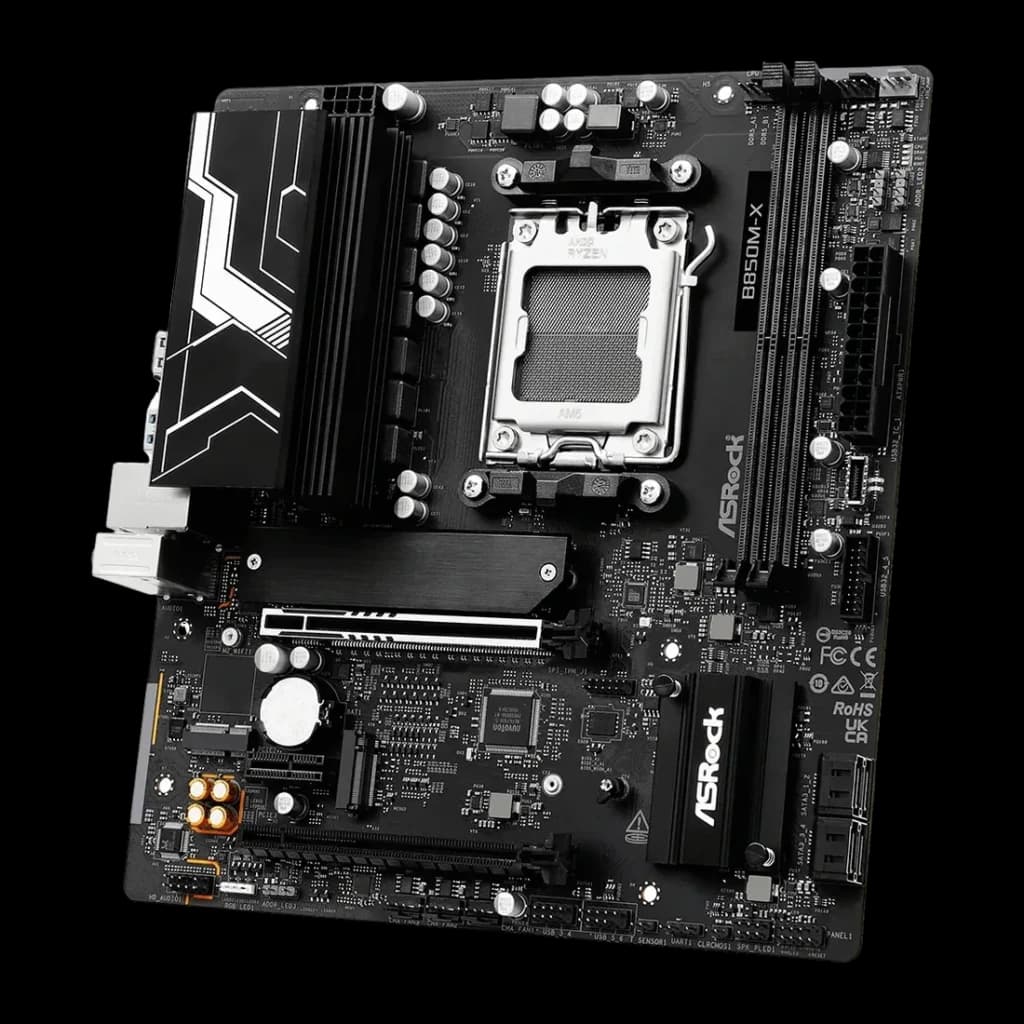 Placa base ASRock B850M-X R2.0 AMD B850 AM5 DDR5 Micro ATX 2.5GbE Negro, vista diagonal: zócalo AM5, disipadores VRM