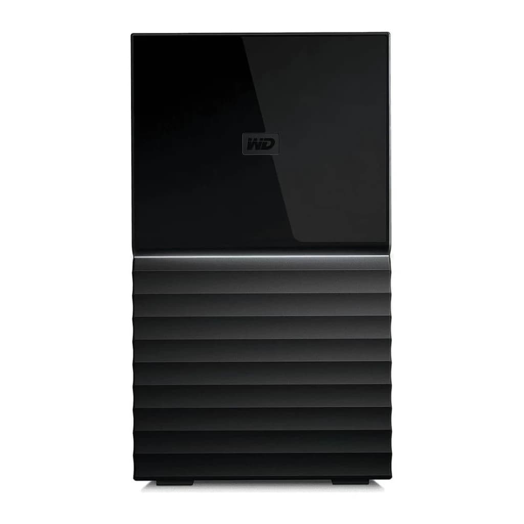 Disque dur externe WD My Book Duo 24To USB-C Noir WDBFBE0240JBK, vue de face: panneau supérieur brillant avec logo WD