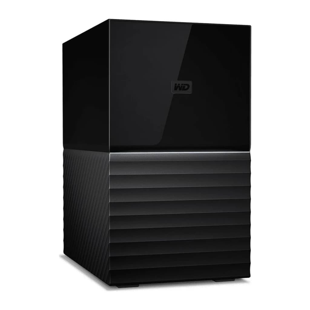 Disque dur externe WD My Book Duo 24To USB-C Noir WDBFBE0240JBK, vue en angle: panneau supérieur brillant avec logo WD