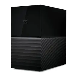 Disque dur externe WD My Book Duo 24To USB-C Noir WDBFBE0240JBK, vue en angle: boîtier bicolore avec dessus brillant logo WD