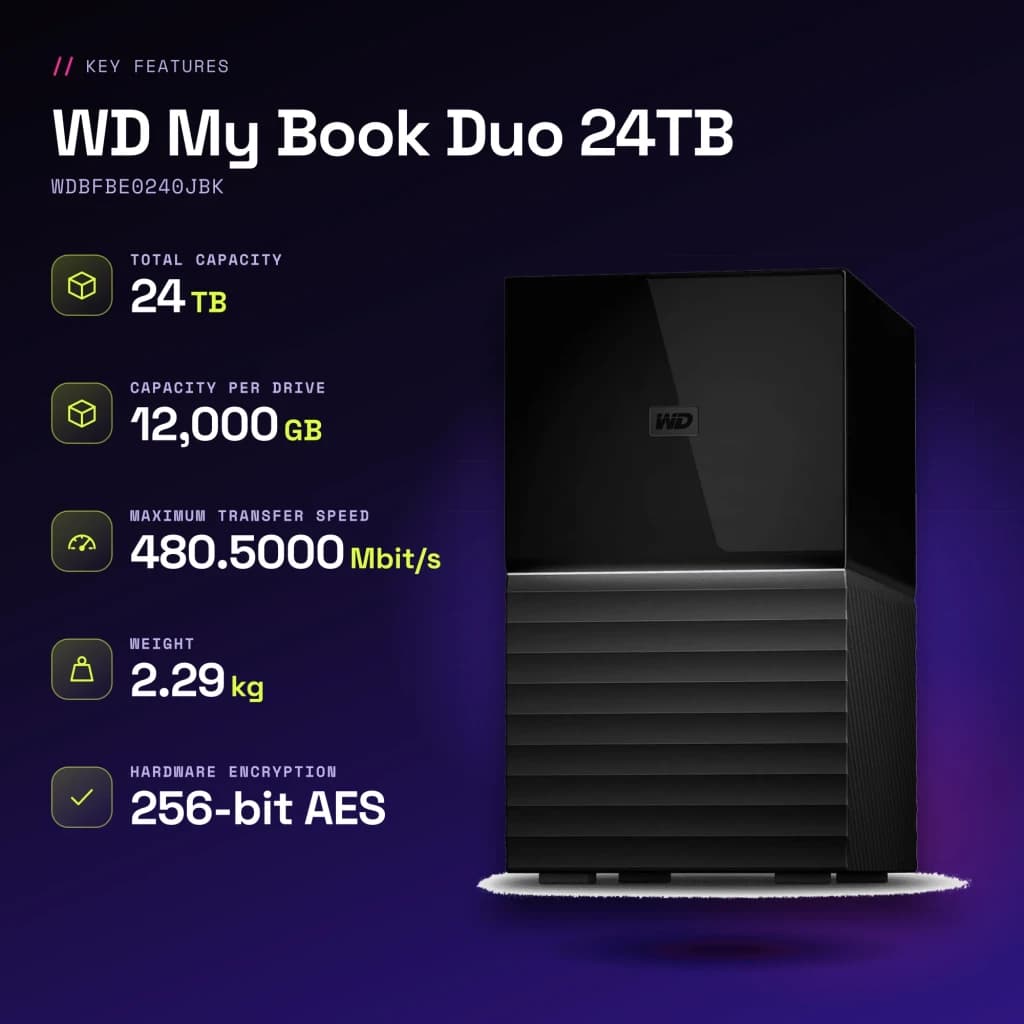 Disque dur externe WD My Book Duo 24To USB-C Noir WDBFBE0240JBK - caractéristiques