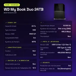 Disque dur externe WD My Book Duo 24To USB-C Noir WDBFBE0240JBK - caractéristiques