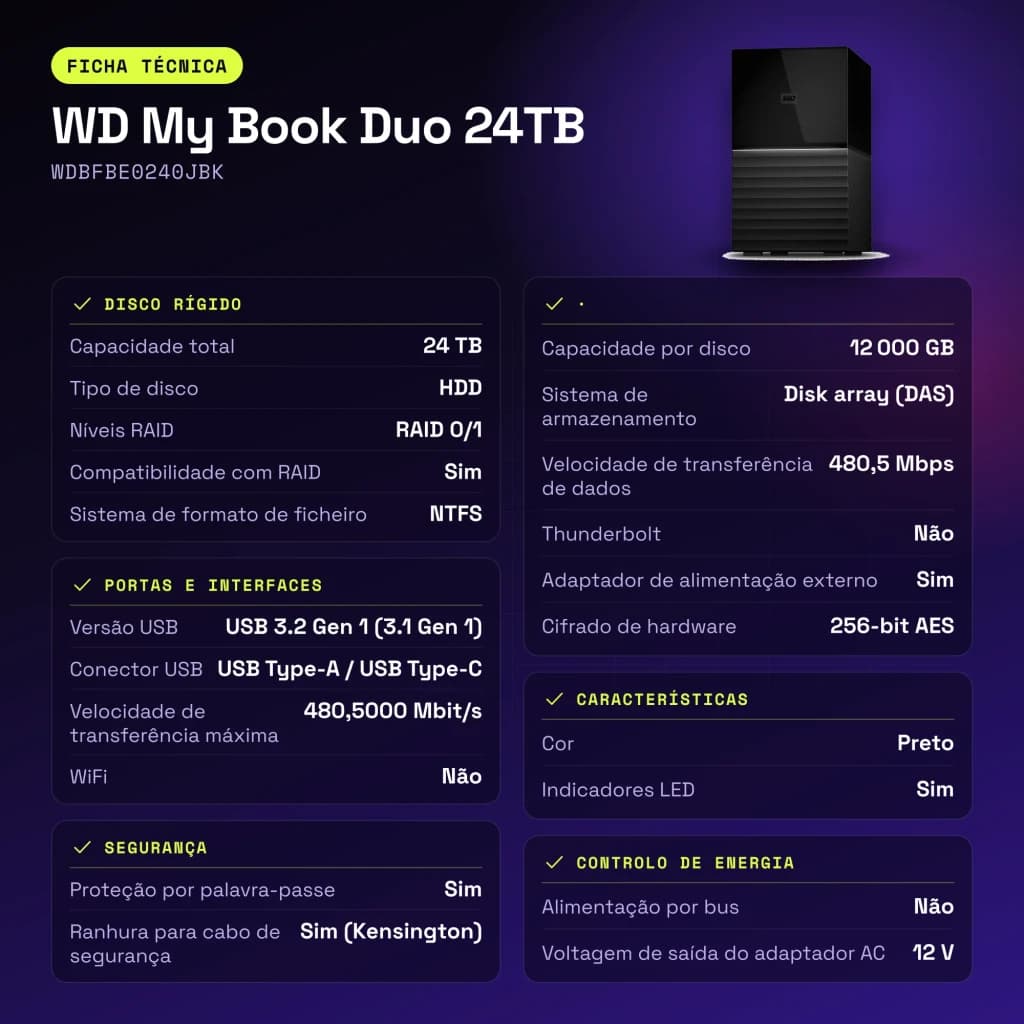 Disque dur externe WD My Book Duo 24To USB-C Noir WDBFBE0240JBK - caractéristiques