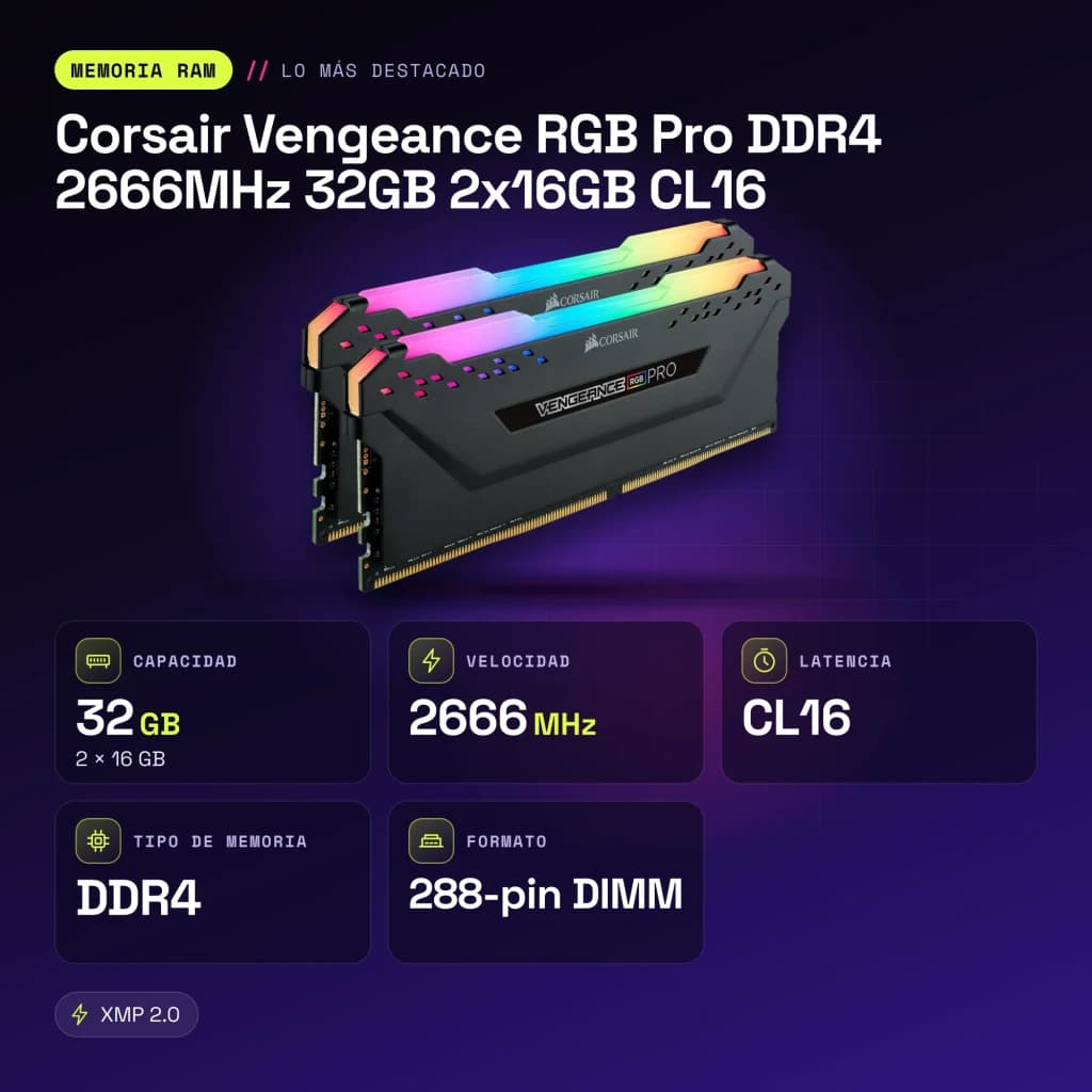 Memoria RAM Corsair Vengeance RGB Pro DDR4 2666MHz 32GB 2x16GB CL16 Negro - características