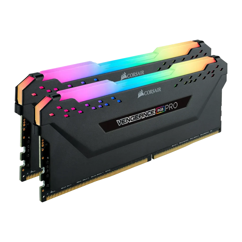 Memoria RAM Corsair Vengeance RGB Pro DDR4 2666MHz 32GB 2x16GB CL16 Negro, vista frontal en ángulo: dos módulos