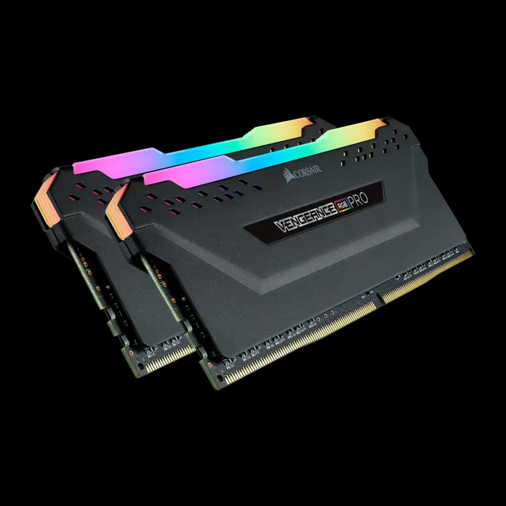 Memoria RAM Corsair Vengeance RGB Pro DDR4 2666MHz 32GB 2x16GB CL16 Negro, vista en ángulo: dos módulos con iluminación RGB