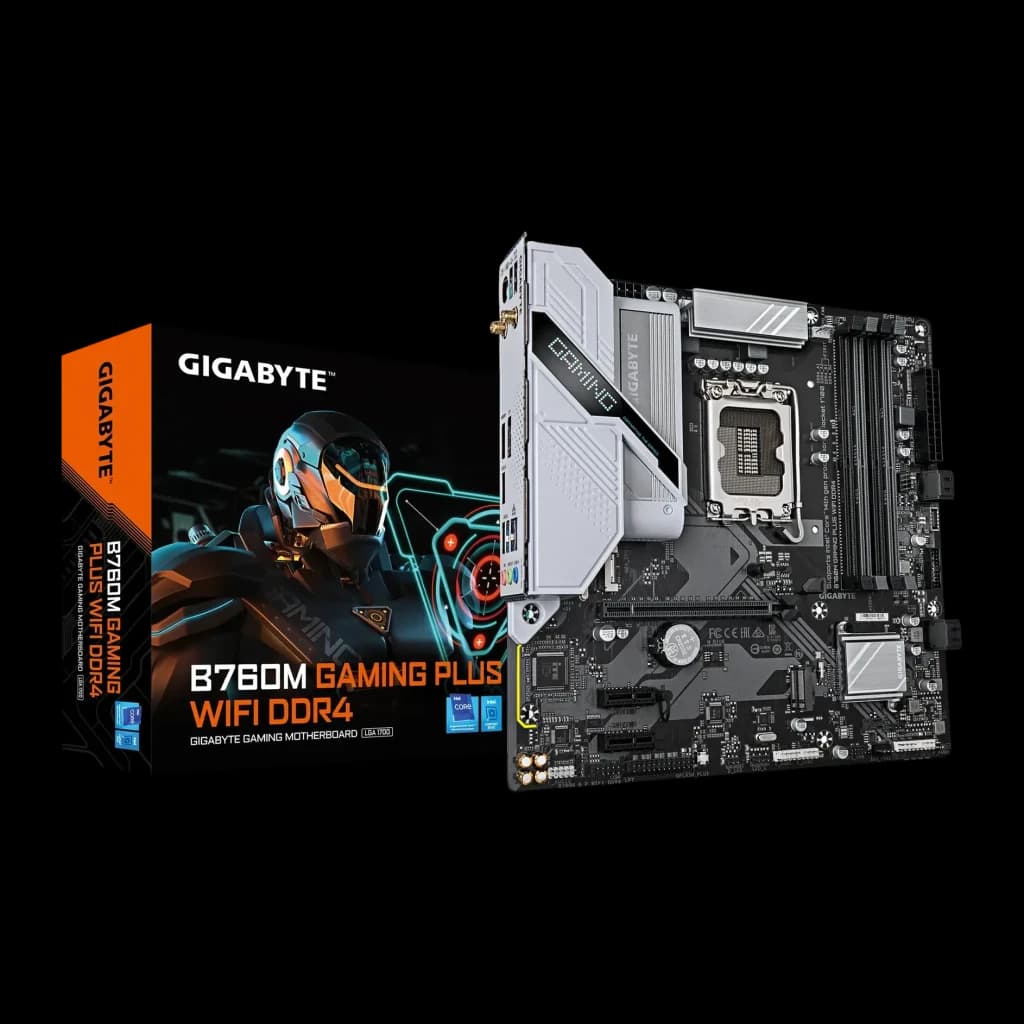 Placa base Gigabyte B760M Gaming Plus WiFi DDR4 Intel B760 LGA1700 Micro ATX Gris, vista frontal con caja: PCB gris